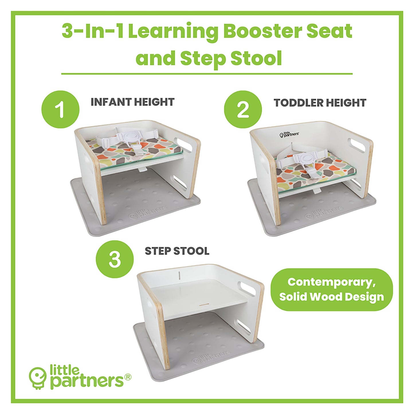 Little Partners 3-In-1 Wooden Learning Booster Seat For Toddlers - Converts To Step Stool For Kids - Seat Cushion, Silicone Mat,