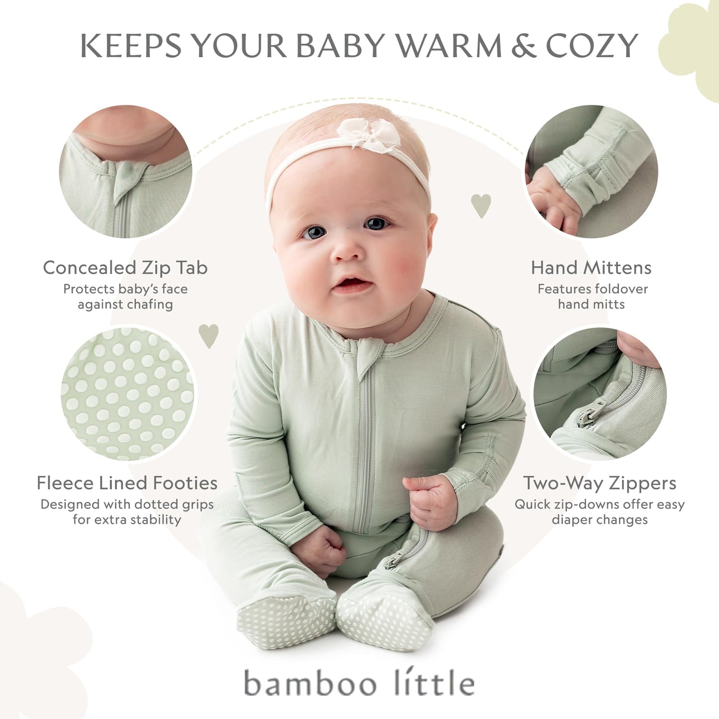 Soft Bamboo Viscose Footies, 2-Way Zipper, Unisex, 6-9 Months, Sage, 95% Viscose Made From Bamboo, 5% Spandex - Imported