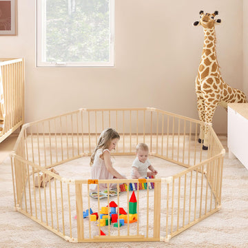 Hommow Wooden Baby Playpen Extra Large, 74?74Foldable Play Fence For Babies And Toddlers,Safety Play Yard With Locking Gate, Cha
