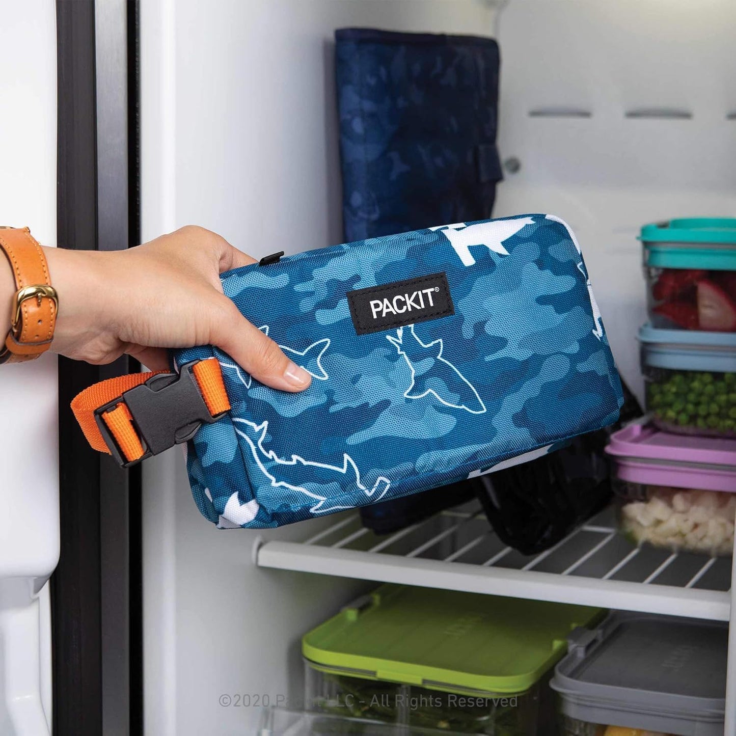 Packit Freezable Snack Box, Camo Shark, Built With Ecofreeze Technology, Collapsible, Reusable, Zip Closure With Buckle Handle,
