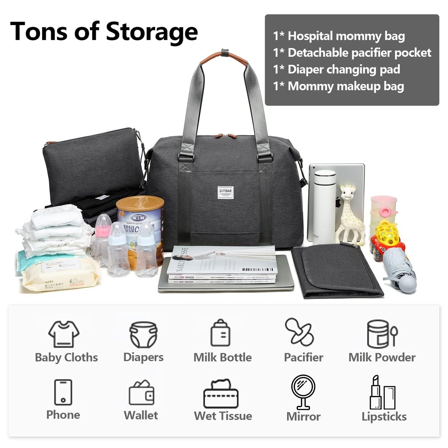 Large Diaper Bag Tote With Changing Pad And Cosmetic Bag,Mommy Bag For Hospital And Travel