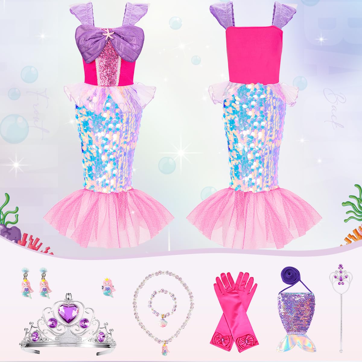 Meland Princess Dress Up For Girls 3-8, Mermaid Dress For Girls With Bag, Dress Up Clothes For Girls Halloween Costume