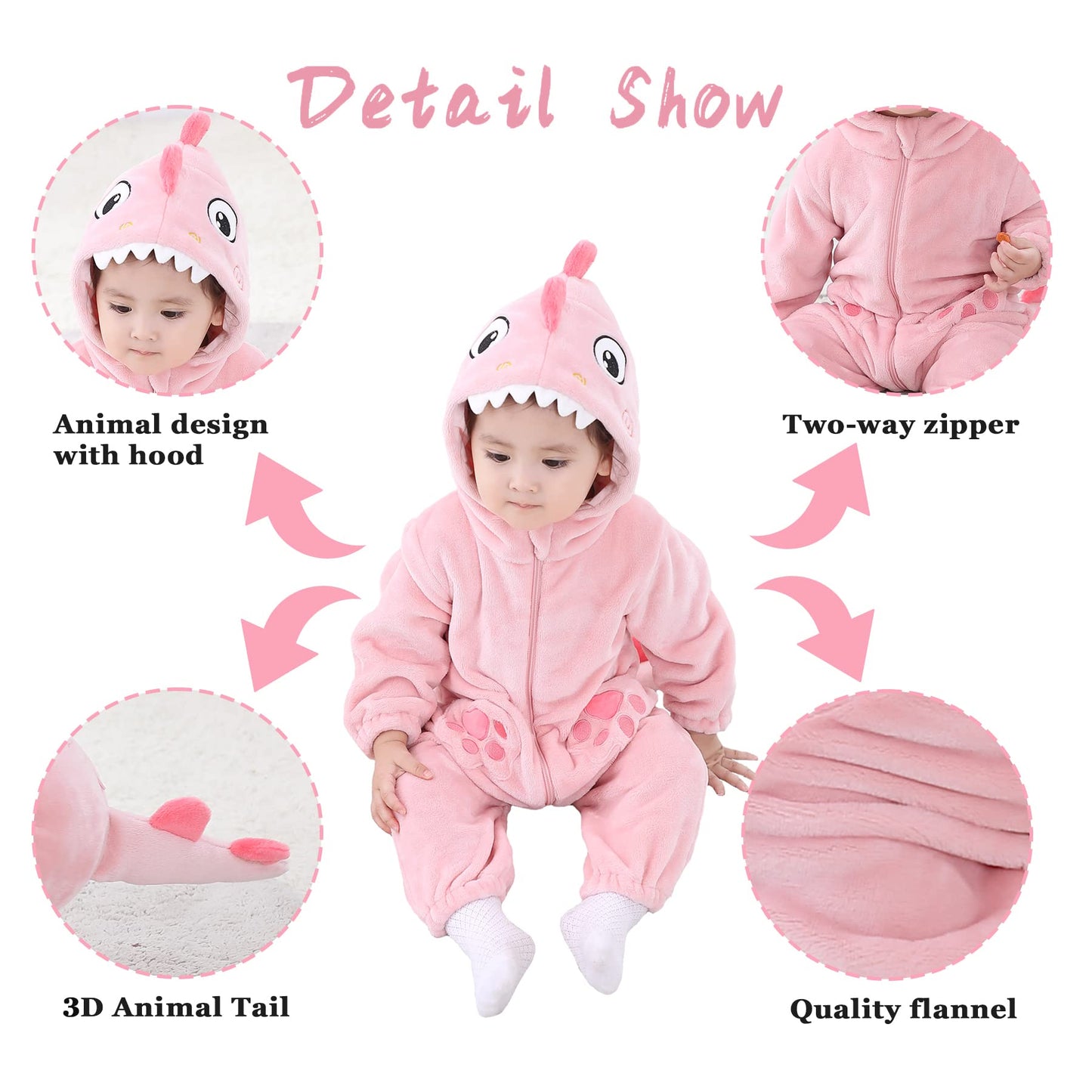 Tonwhar Baby Boy'S Girl'S Animal Bodysuit Infant And Toddler'S Romper Jumpsuit Halloween Costume Partywear(2-3T,Pink Dinosaur)