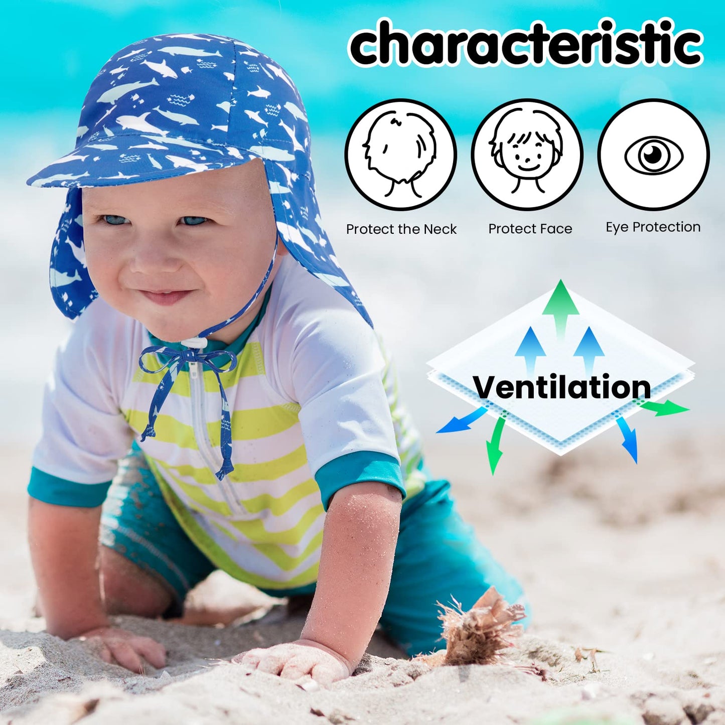 Simplikids Toddler Sun Hat Upf 50+ Uv Ray Sun Protection Hat Baby Sun Hats W/Neck Flap Infant Sun Hat For Baby Beach Hat,Shark,0