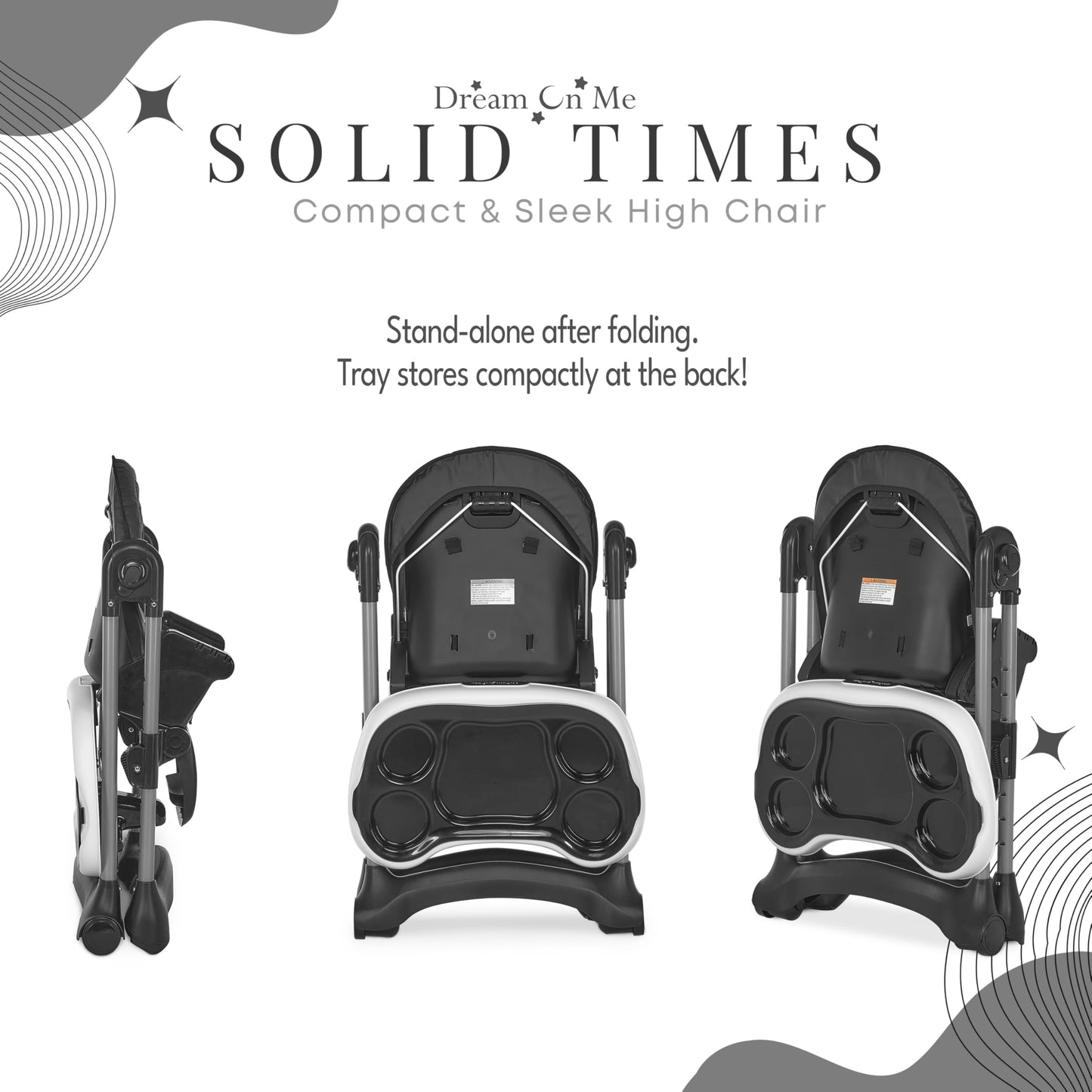 Dream On Me Solid Times High Chair For Babies And Toddlers In Black, Multiple Recline And Height Positions, Lightweight Portable