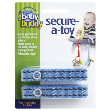 Baby Buddy Secure-A-Toy, Adjustable Pacifier And Teether Strap For Stroller, Highchair, And Car Seat, Blue With Brown Stitch, 2