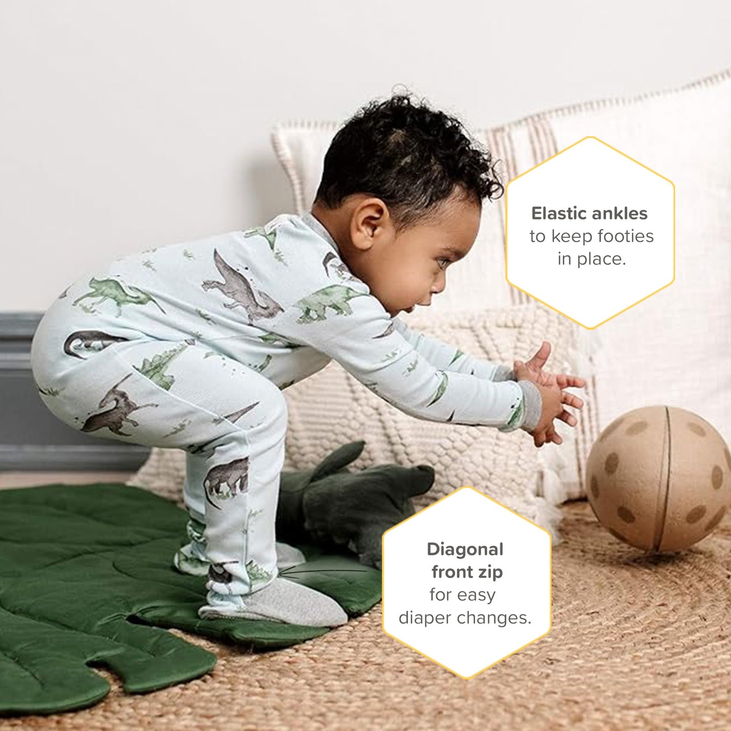 Burt'S Bees Baby Baby Boys Pajamas, Zipfront Nonslip Footed Pjs, Organic Cotton Baby And Toddler Sleepers, Happy Herbivores, 24