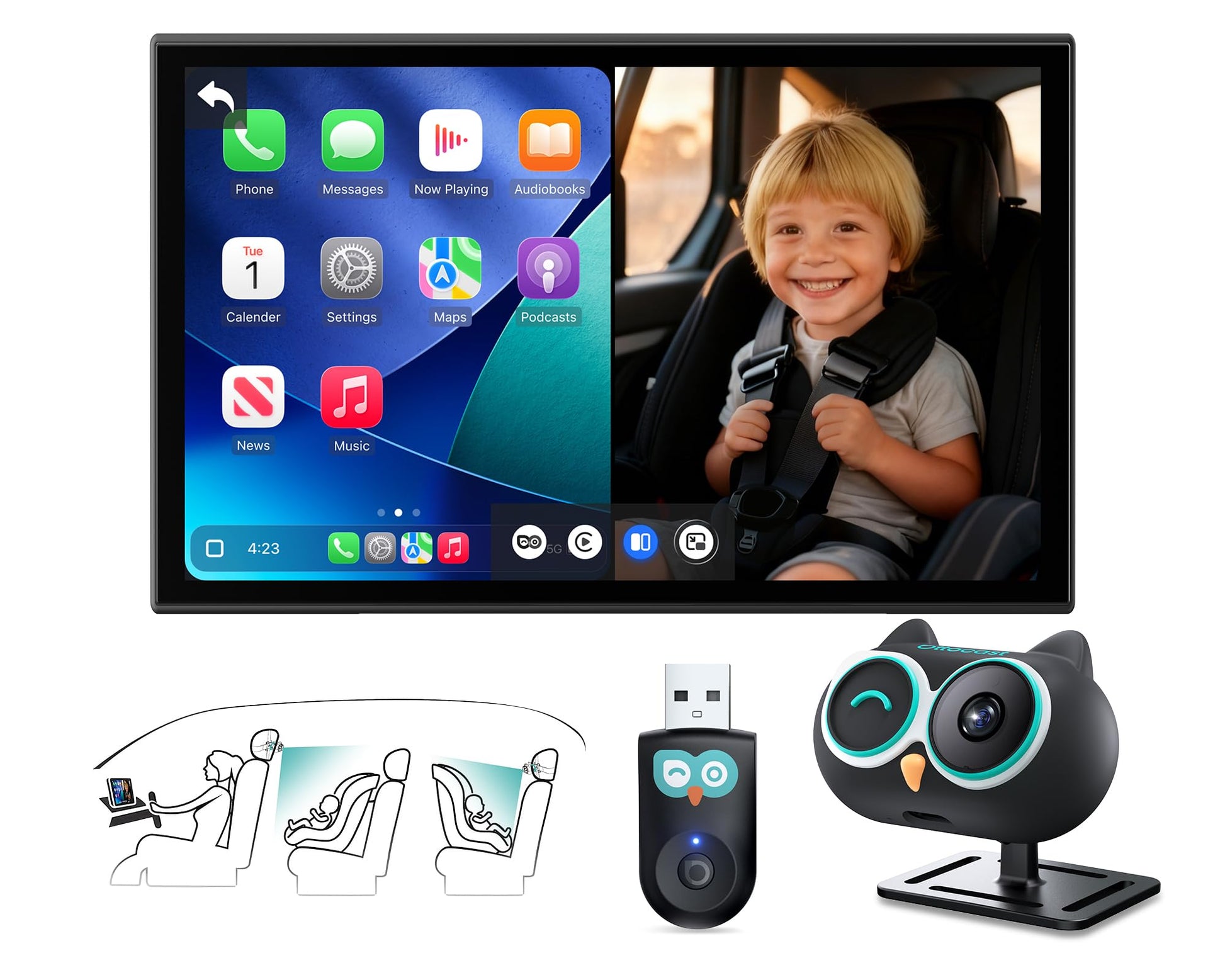 OTTOCAST Cabin Care Adapter 2026,2-in-1 Baby Car Camera & Wireless CarPlay Adapter-No Extra Screen Needed,1080P Car Baby Monitor