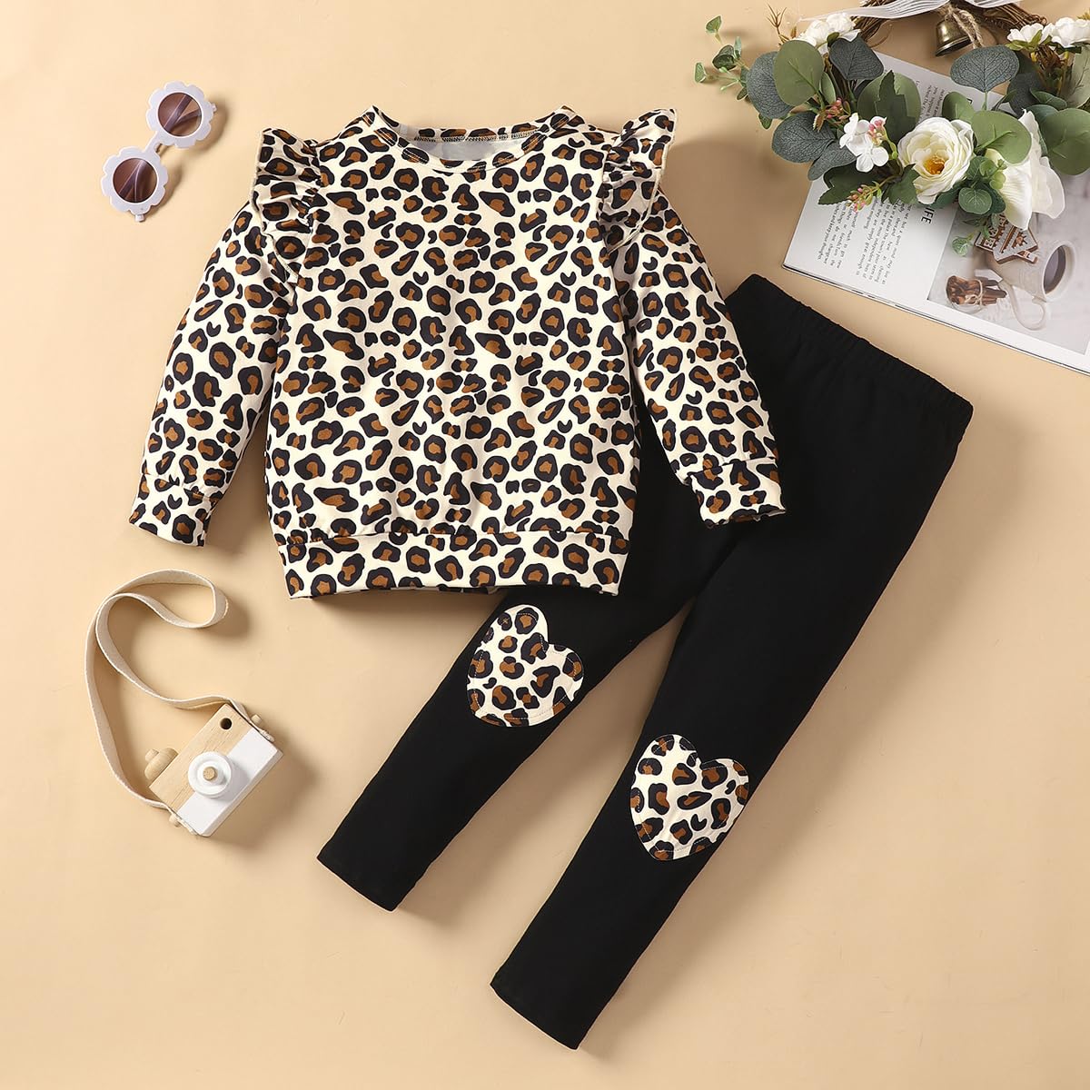 Zarmfly Toddler Girls 2 Piece Fall Outfits Long Sleeve Flutter Shirts And Pants Legging Set Winter Kids Leopard Print Clothes 8T