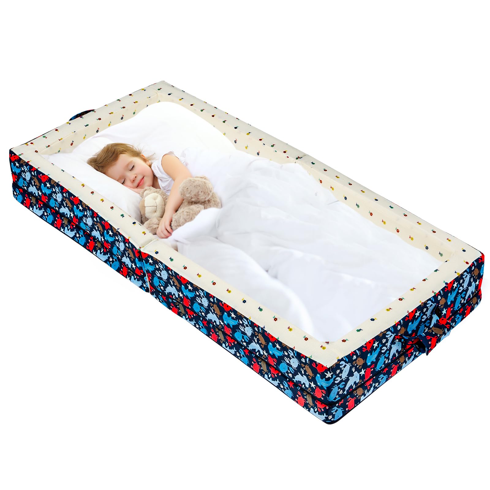 Umoving 100% Cotton Inner Portable Foldable Toddler Travel Bed - Soft Foam Floor Bed with Washable Cover, Safe and Comfortable T