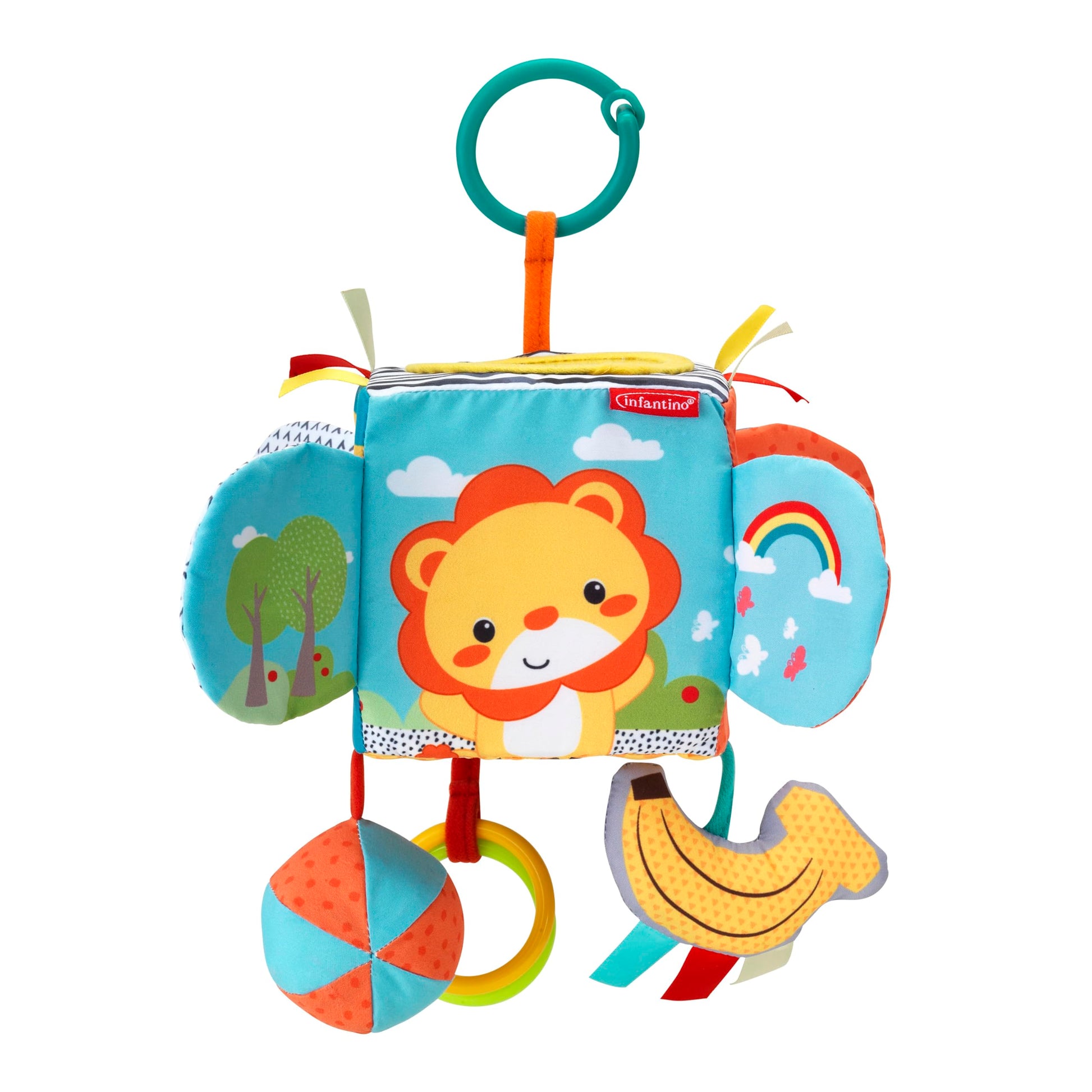 Infantino Peek & Seek Discovery Cube - Soft Development Toy, Peek-A-Boo Mirror, Clacker Rings, Crinkle & Rattle Sounds - Sensory