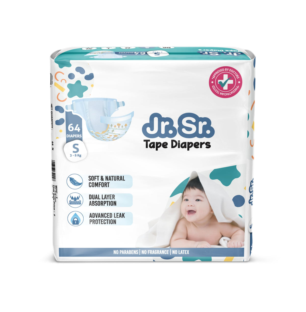 Jr. Sr. Baby Tape Style Diaper | Adjustable Fit For Babies | Small (S) Size (38 Kg), 64 Count | Pack Of 1 | Upto 12 Hr Absorpti