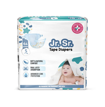 Jr. Sr. Baby Tape Style Diaper | Adjustable Fit For Babies | Small (S) Size (38 Kg), 64 Count | Pack Of 1 | Upto 12 Hr Absorpti