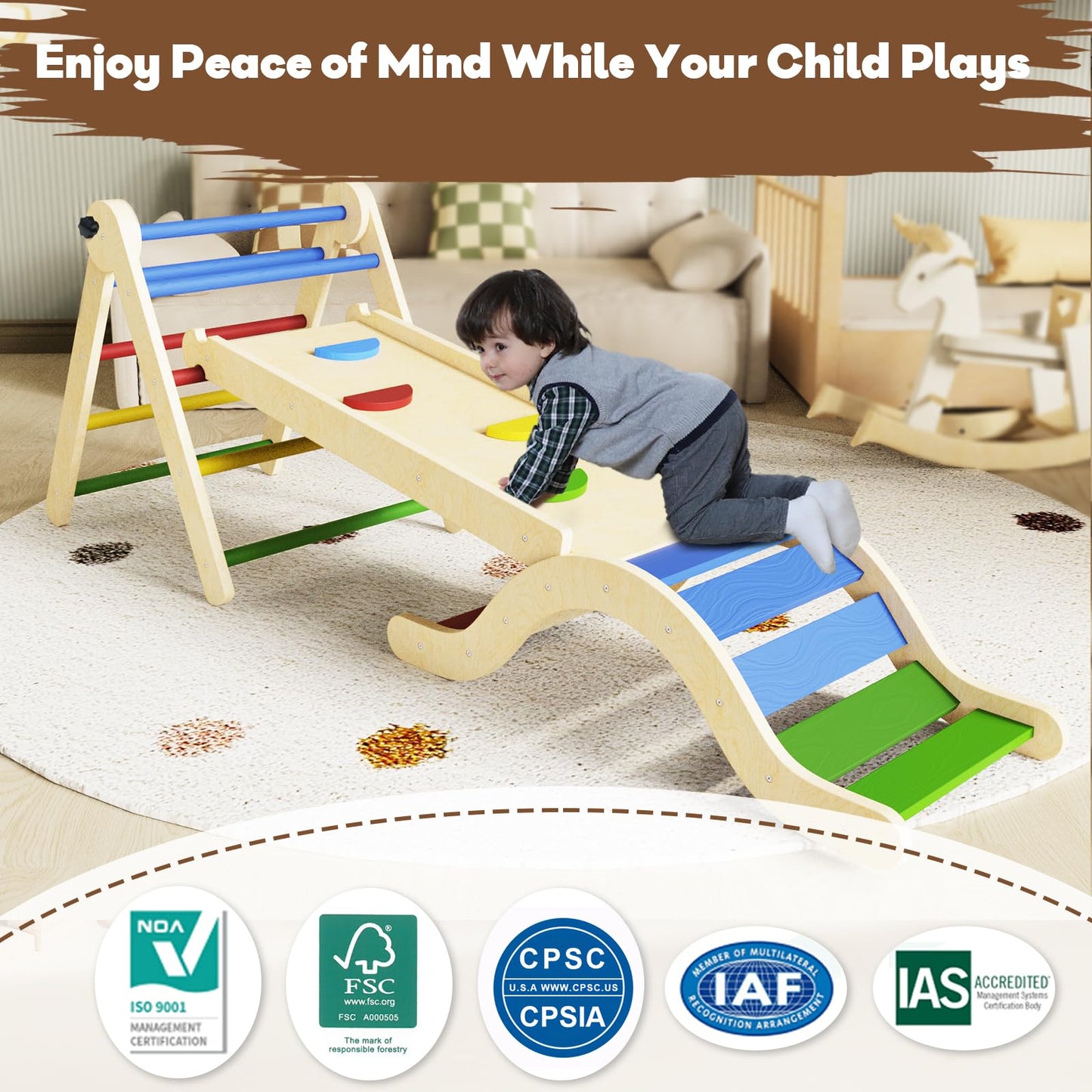 Pikler Triangle Set 7In1 Toddler Climbing Toys Indoor Foldable Baby Climbing Toys Wooden Montessori Climbing Set With Arch, Ramp