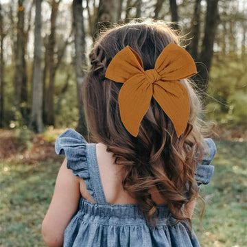 5.5 Inch Dark Yellow Fable Hair Bow: Handmade Linen Cotton Hair Clip For Girls - 1 Pcs
