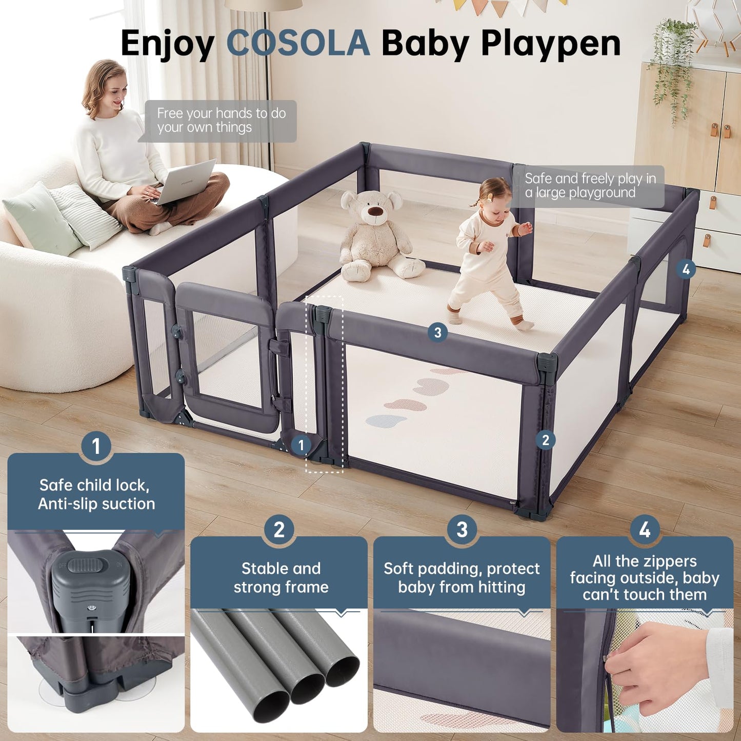 Baby Playpen,Extra Large Playpen For Babies And Toddlers With Baby Door 79X71 Inch, Adjustable Playpen Non-Slip Suction Cups Bas
