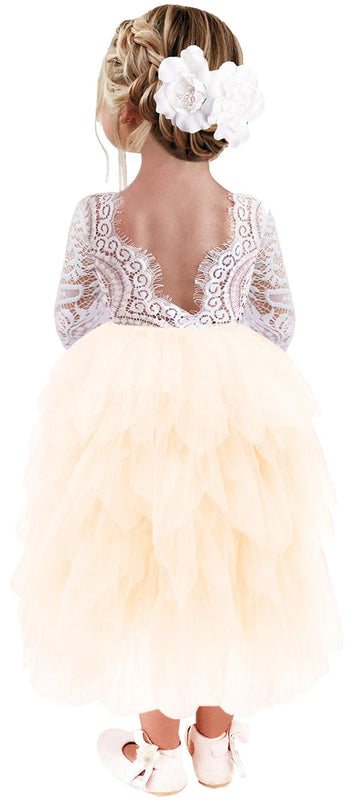2Bunnies Girl Peony Lace Back A-Line Tiered Tutu Tulle Flower Girl Dress (Ivory Long Sleeve Maxi, 5)