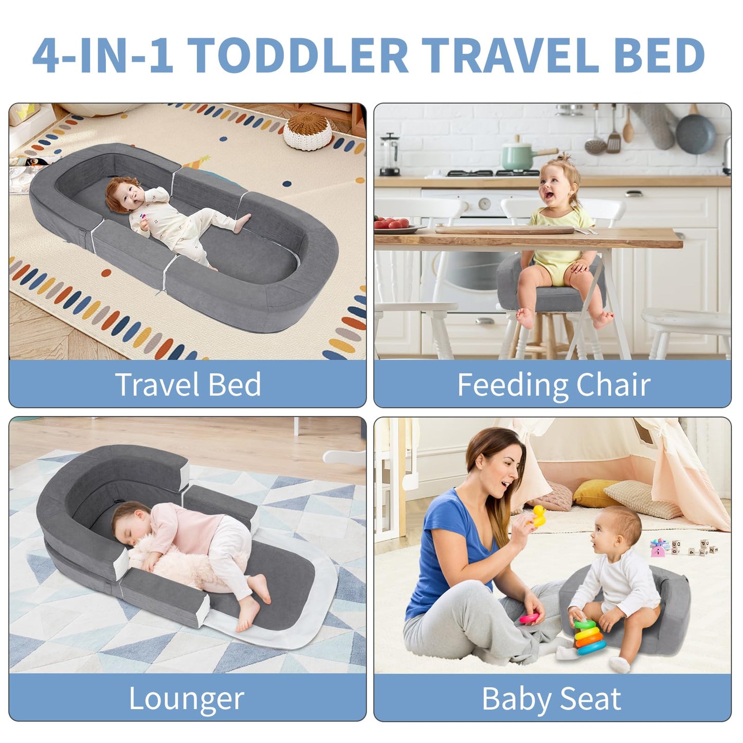 Mooitz Portable Travel Toddler Bed, 4-In-1 Convertible To Sofa Chair, Kid Feeding Seat And Lounger, Foldable Floor Bed For Outdo