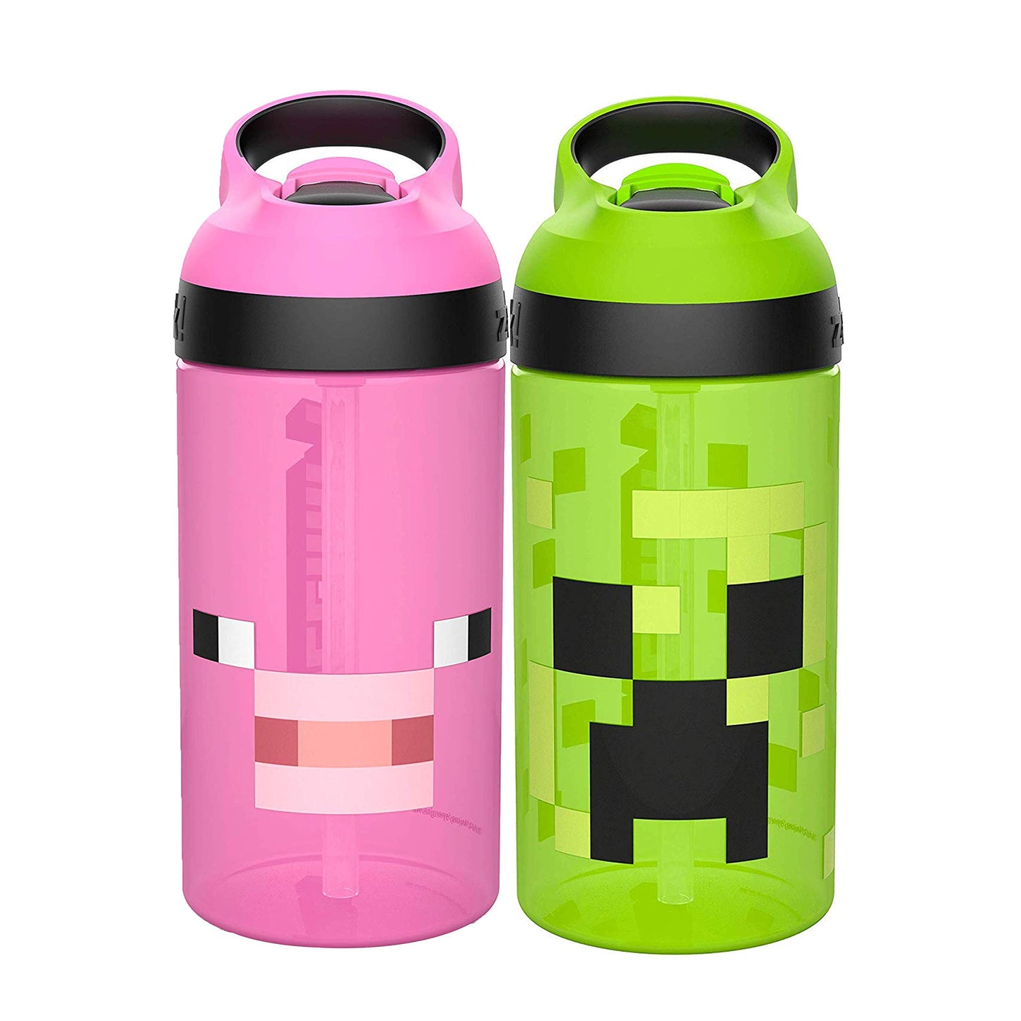 Zak Designs Minecraft Kids Water Bottle With Straw And Built In Carrying Loop Set, Made Of Plastic, Leak-Proof Water Bottle Desi