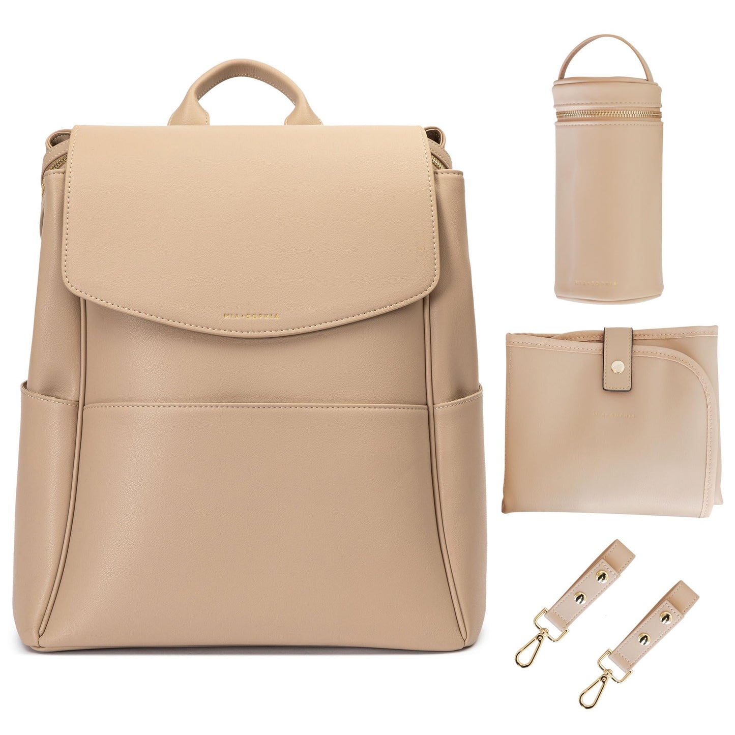 Mia + Sophia Leather Diaper Bag Backpack With Usb Charging Port, Changing Pad, Stroller Straps, And Bottle Holder (Beige Olivia)