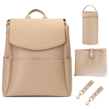 Mia + Sophia Leather Diaper Bag Backpack With Usb Charging Port, Changing Pad, Stroller Straps, And Bottle Holder (Beige Olivia)