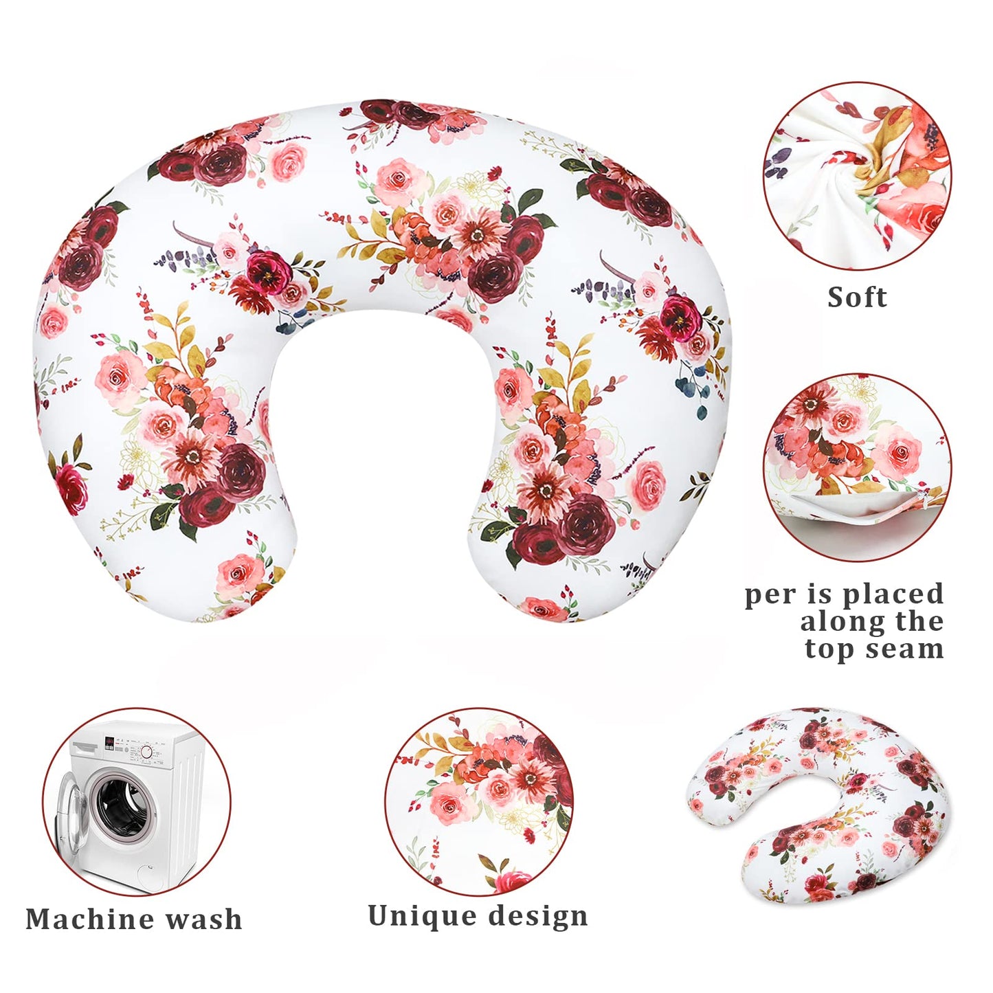 Floral Nursing Pillow Cover For Baby Girl, Soft Organic Breastfeeding Pillow Slipcover, Newborn Feeding Pillow Cover, Burgundy W