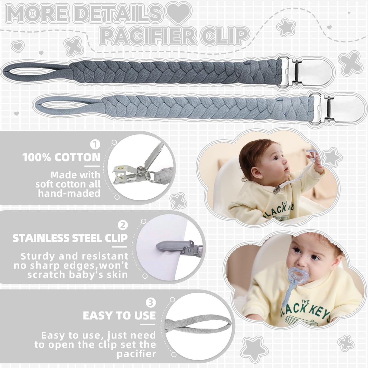 Duludulu 4 Pcs Pacifier Clip, Pacifier Clips For Boys & Baby Girls Pacifier Holder Clip Binky Clips Braided 100% Handmade Fits A
