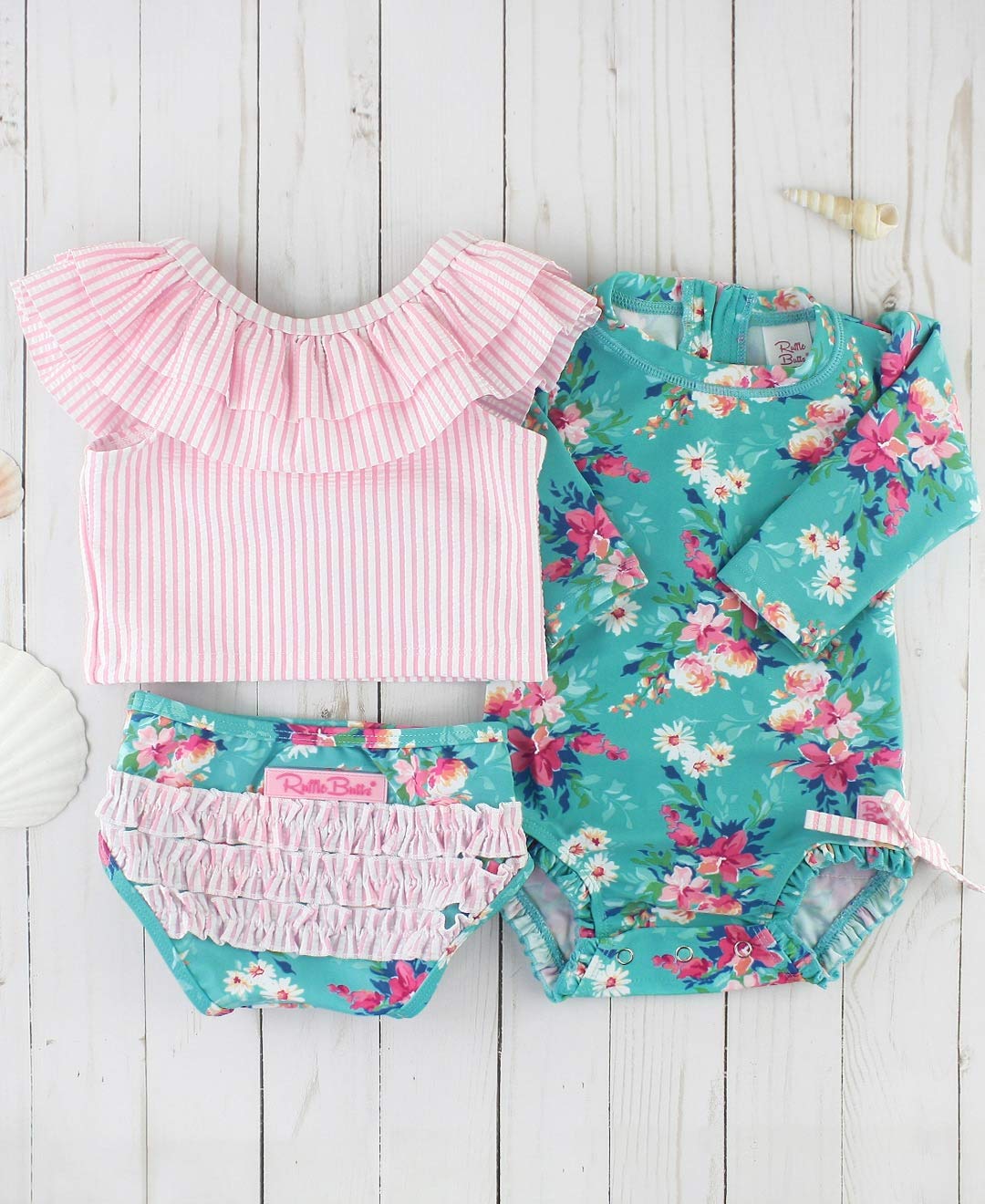 Rufflebutts Baby/Toddler Girls Fancy Me Floral Seersucker Ruffled Tankini - 3-6M