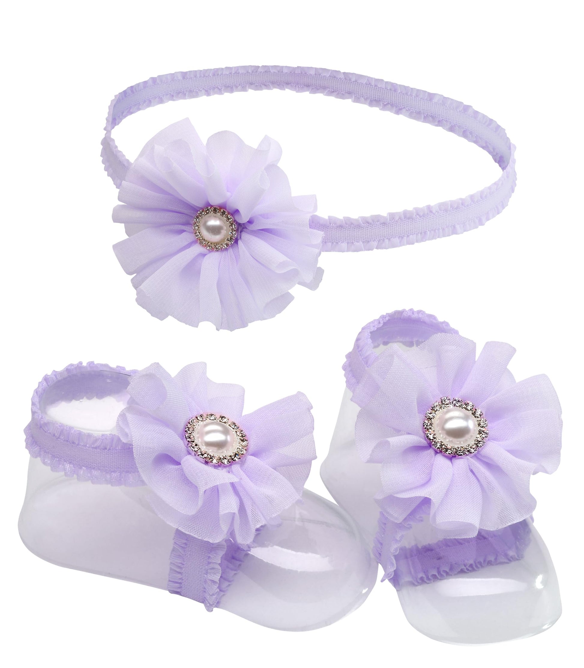 Cherished Moments 'Petals' Lavender Barefoot Baby Sandal And Headband Set With Flower Accent And Gift Boxed For Baby Girl Gift