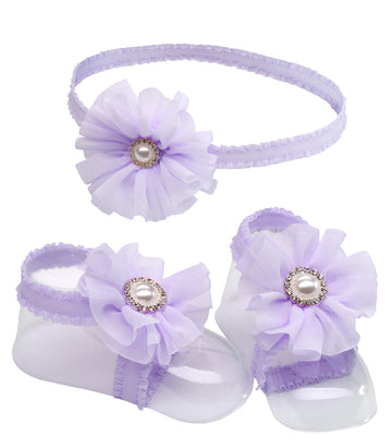 Cherished Moments 'Petals' Lavender Barefoot Baby Sandal And Headband Set With Flower Accent And Gift Boxed For Baby Girl Gift