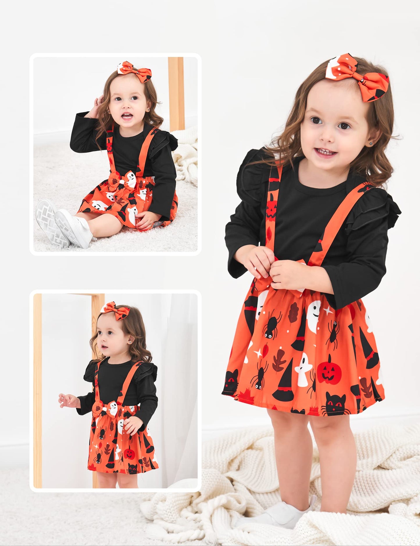 Xuuly Halloween Dress Outfit Newborn Baby Girl Clothes Ruffle Romper Top Suspender Pumpkin Bat Ghost Skirt Outfit Set With Headb