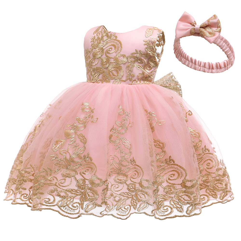 Baby Princess Girls Embroidery Dresses Toddler Lace Ruffles New Year Easter Tutu Dress With Headwear (Pink02,80)
