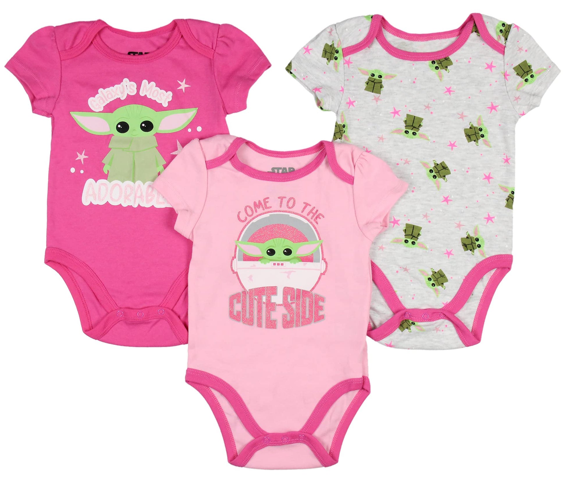 Star Wars Infant Baby Girls Come to The Cute Side Grogu Baby Yoda One Piece Pajama Romper 3 Pack (12 Months) Pink