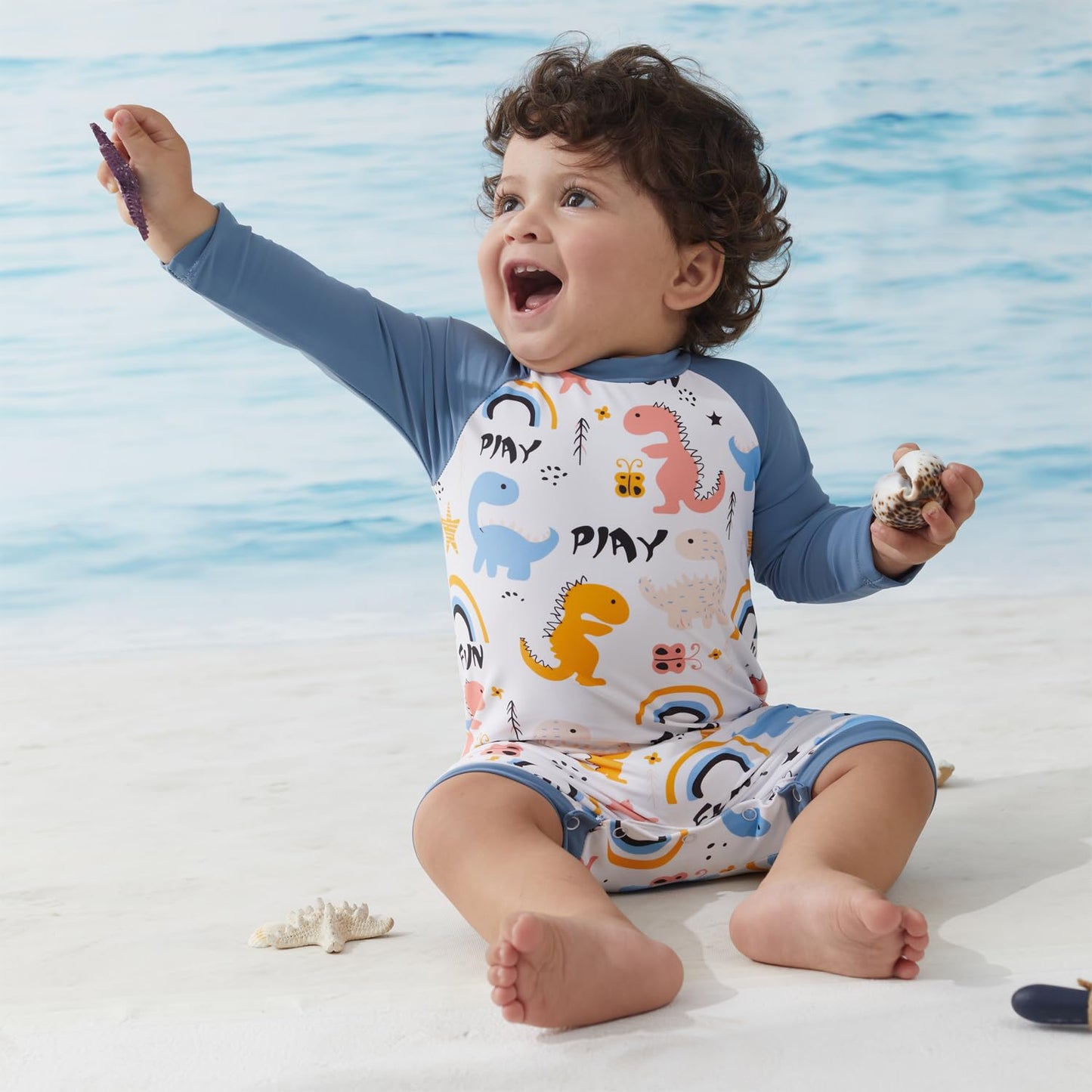 Infant Boy Upf 50+ Sun Protection One Piece Rashguard Swimsuit With Hat , Grey Dinosaur,3-6 Months