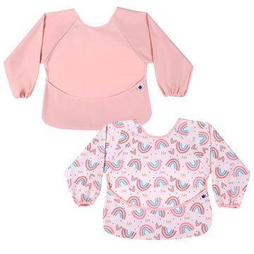 Spinfox 2 Pack Easy Clean Long Sleeve Bib, Soft Mess Proof Baby Smock Bib For Eating, Waterproof Toddler Baby Feeding Bibs Shirt