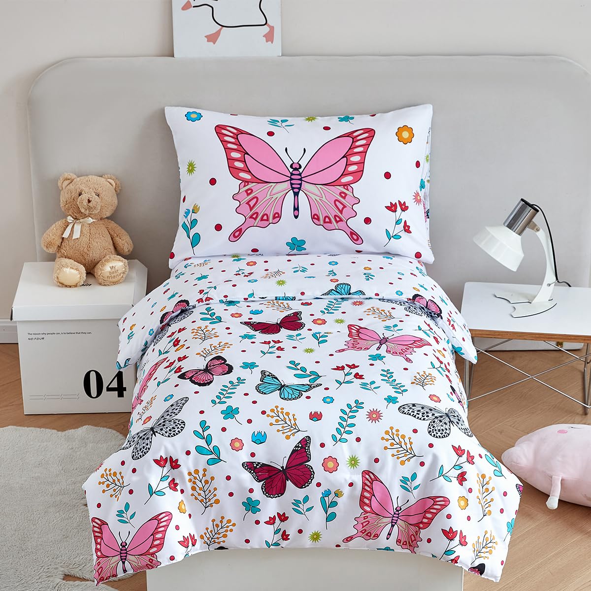 Perfemet 4-Piece Girls Butterfly Toddler Bedding Colorful Pink Floral Toddler Bed Comforter Set Reversible Soft Flower Toddler B