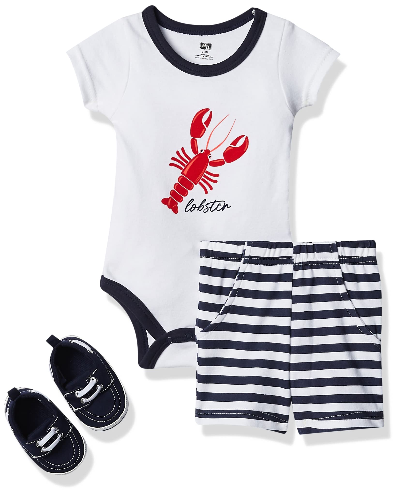 Hudson Baby Unisex Baby Cotton Bodysuit, Shorts And Shoe Set, Lobster, 6-9 Months