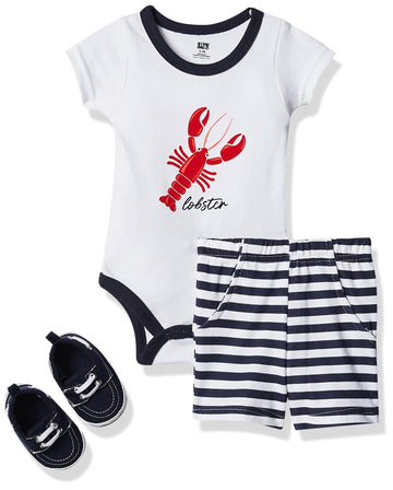 Hudson Baby Unisex Baby Cotton Bodysuit, Shorts And Shoe Set, Lobster, 6-9 Months