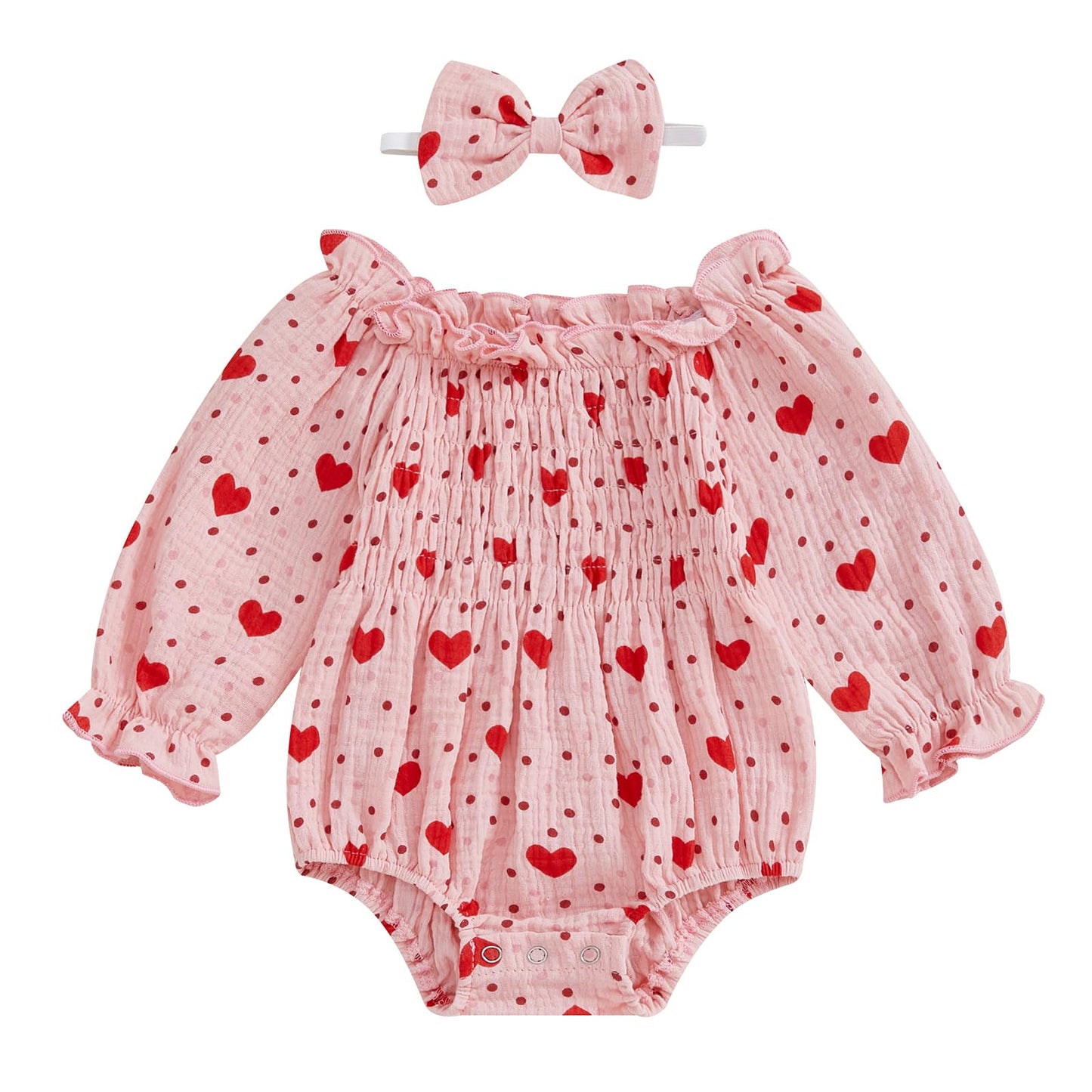 Baby Girls Valentines Day Romper Heart Print Long Sleeve Jumpsuit Cute Headband Newborn Infant Valentine Outfit (Pink, 0-3 Month