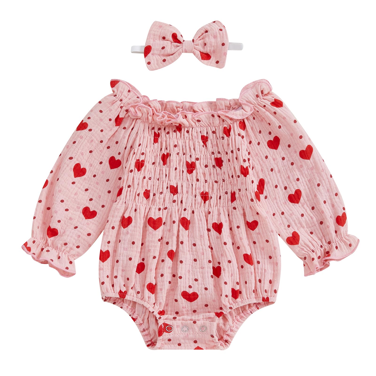 Baby Girls Valentines Day Romper Heart Print Long Sleeve Jumpsuit Cute Headband Newborn Infant Valentine Outfit (Pink, 0-3 Month