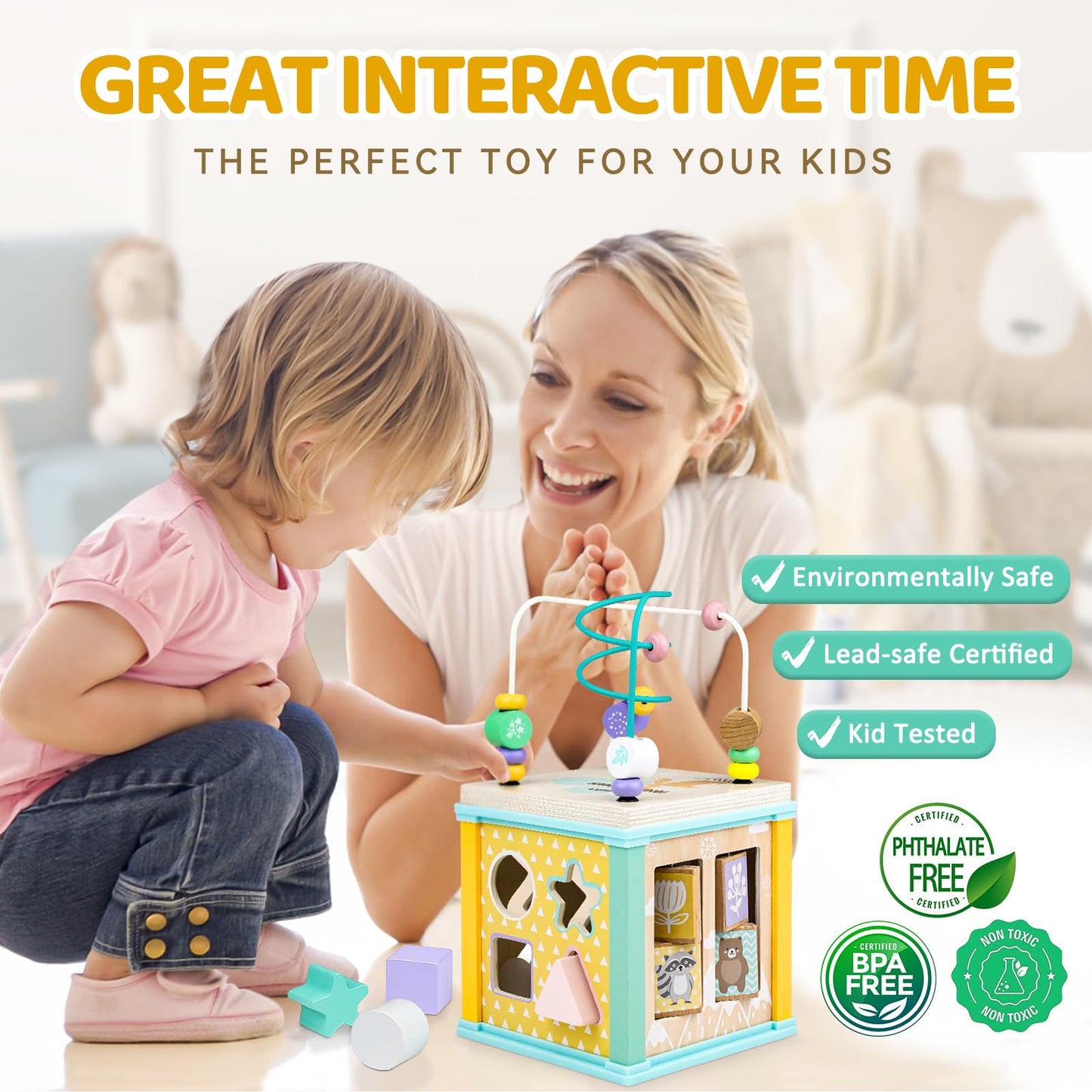 Wooden Activity Cube Montessori Toys for 1 2 3 Year Old Baby Toys 12 Months Toddlers 1-3 Birthday Gift Boys Girls Sensory Intera