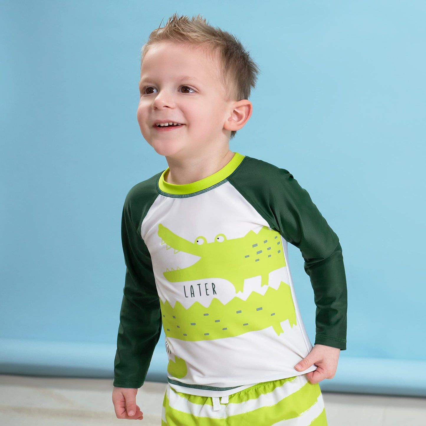 Gerber Baby Boy'S Toddler Long Sleeved Rashguard Swim Bathing Suit Set, Green Gator, 6-9 Months