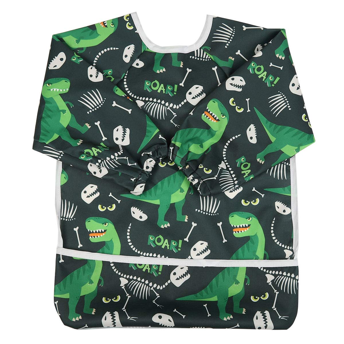 Sigzagor Baby Bib Long Sleeved Shirt With Pocket 1-3 Years Old Toddler For Boys (Green Dinosaurs)