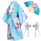 Japanese Traditional Dress Kimono Robe For Kids Girls Costume Silk Folding Fans Hairstick Set(Skyblue130Cm)