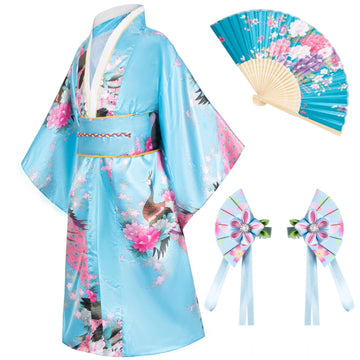 Elibelle Japanese Traditional Dress Kimono Robe For Kids Girls Costume Silk Folding Fans Hairstick Set(Skyblue140Cm)