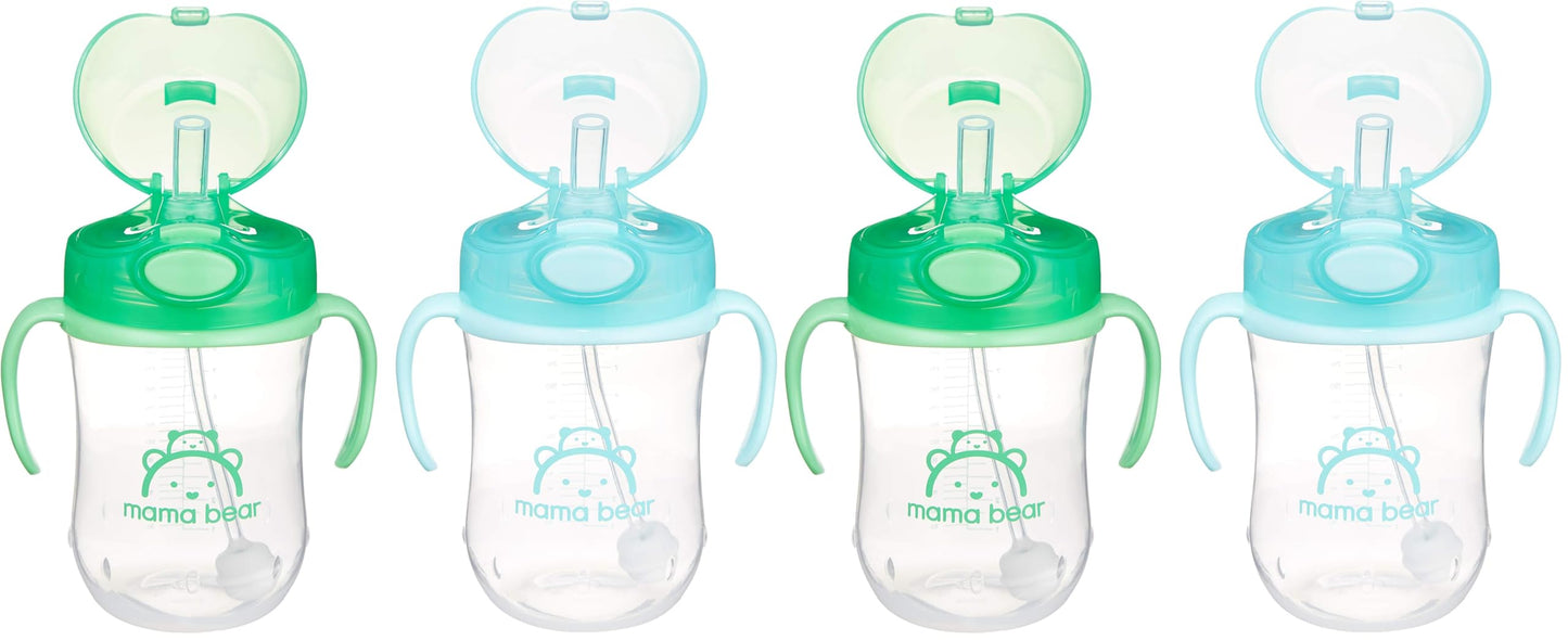 Mama Bear Sippy Cup, Silicone, 9 Ounces | Weighted Straw | Pack of 4 | Blue/Green