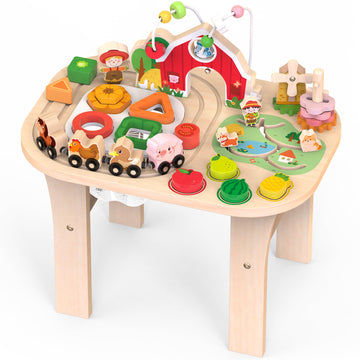 Activity Table for 1 Year Old, Baby Wooden Sensory Table with Bead Maze Shape Sorter Train Track for Toddler, Farm Montessori To