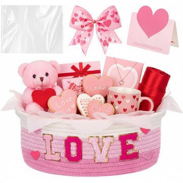 Colingmill Valentine Day Small Woven Basket, Empty Gift Basket with Gift Bag Bow and Greeting Card,Tissue Paper and Love Alphabe