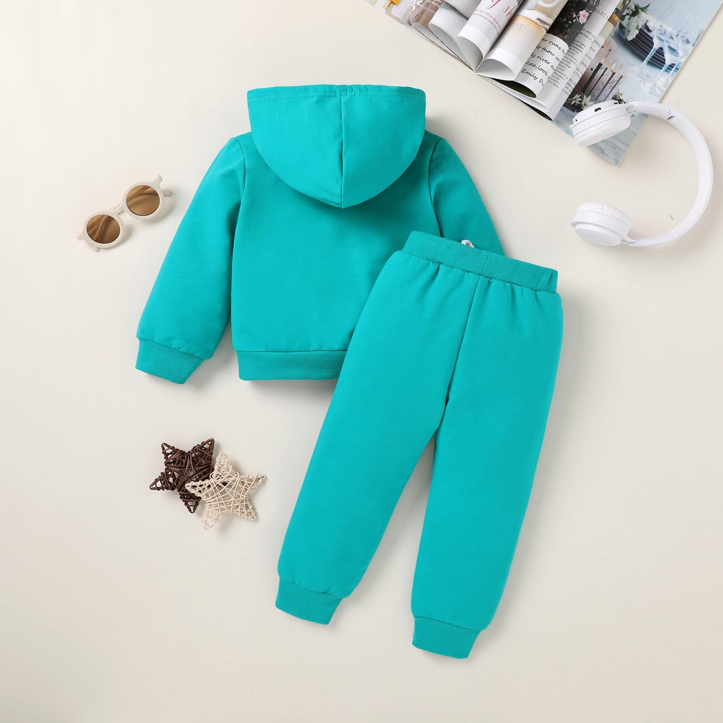 Happy Town Toddler Fall Outfits For Girl Boy Long Sleeve Hoodie Top And Long Sweatpants Set Toddler Sweatsuit (Solid Color-Lake