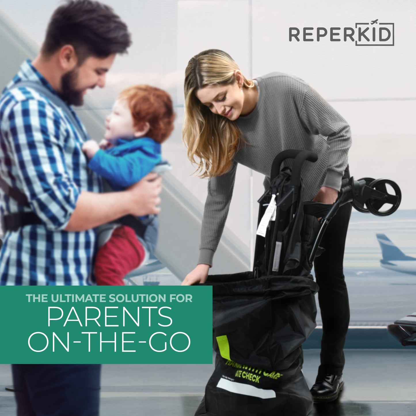 Reperkid Umbrella Stroller Bag For Airplane Travel, Black And Green, 47' H X 15' W X 12' D, Fits Most Single And Double Umbre